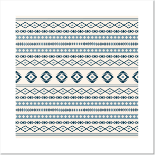 Aztec Mixed Motifs Pattern Blues on Cream Posters and Art